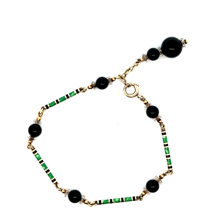 Estate 14K Yellow Gold Black Onyx & Enamel Bead Art Deco Bracelet