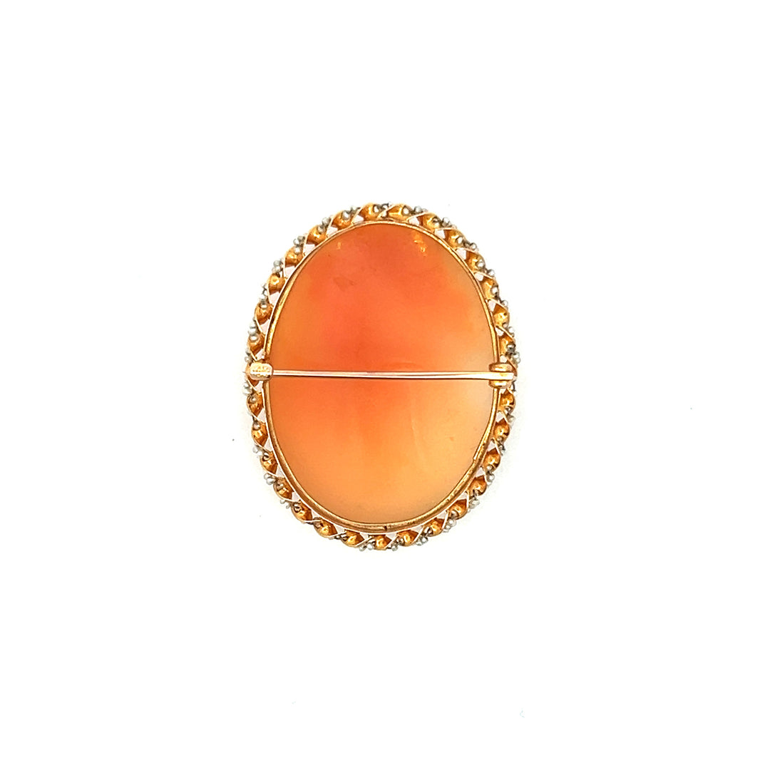 Estate 10K Yellow Gold Oval Shell Cameo & Seed Pearl Edwardian Brooch