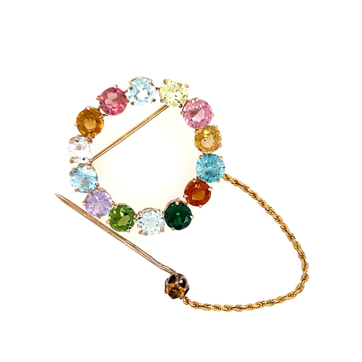 Estate 14K Rose Gold Multi Gemstone Circle Brooch