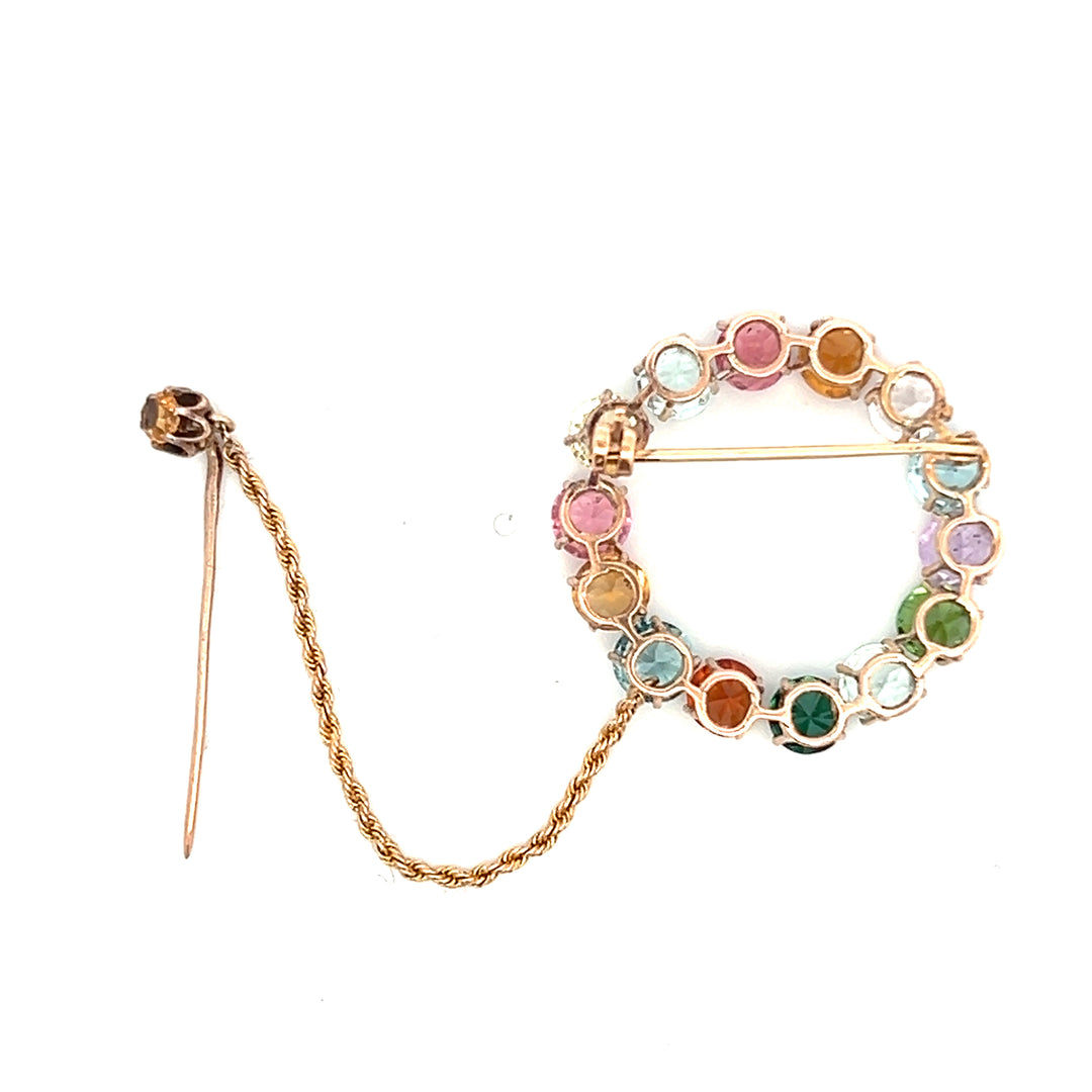 Estate 14K Rose Gold Multi Gemstone Circle Brooch