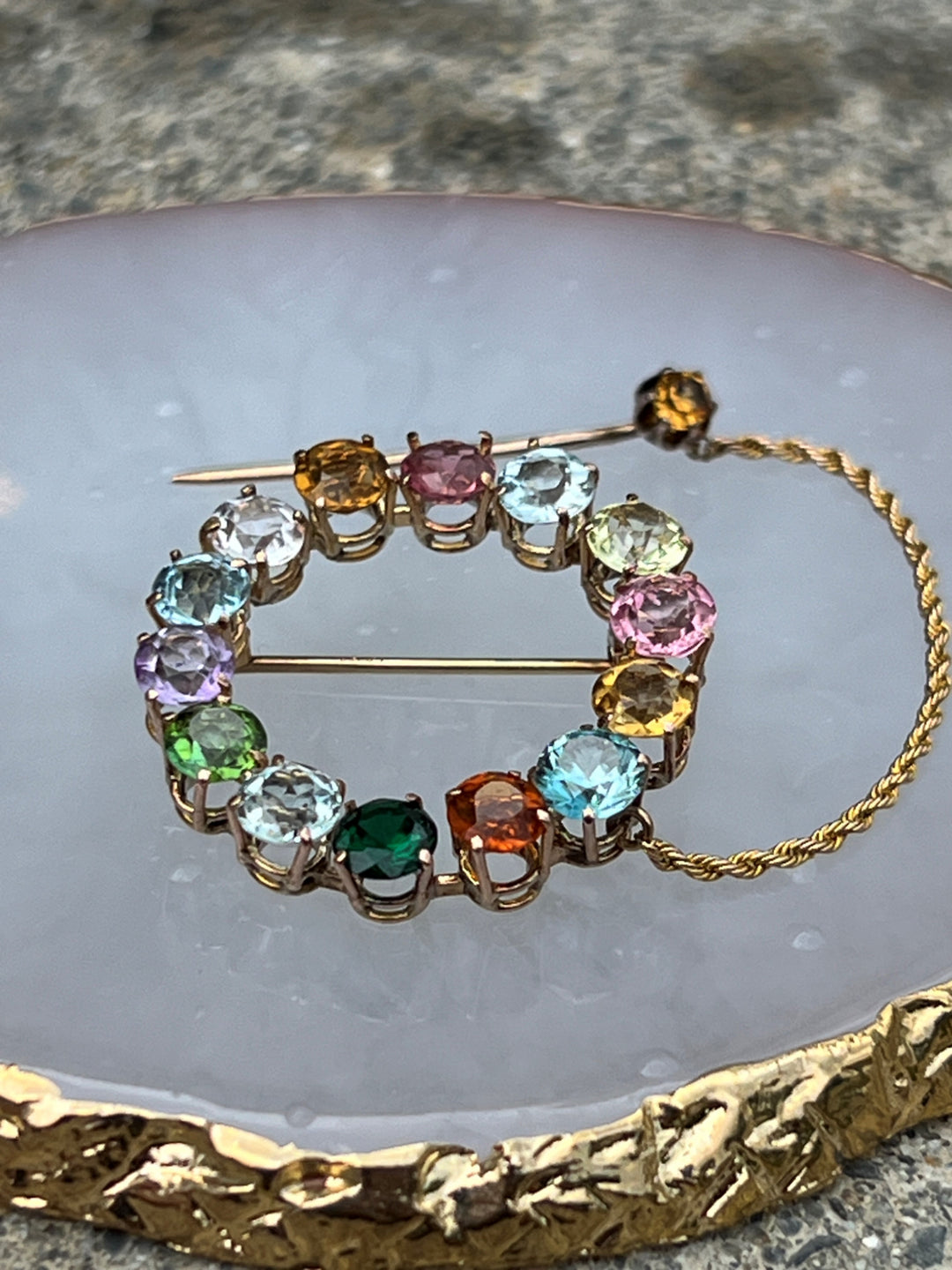 Estate 14K Rose Gold Multi Gemstone Circle Brooch