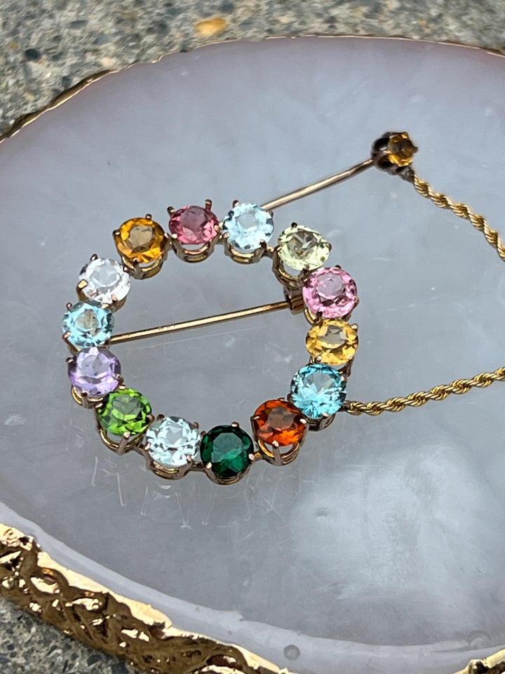 Estate 14K Rose Gold Multi Gemstone Circle Brooch