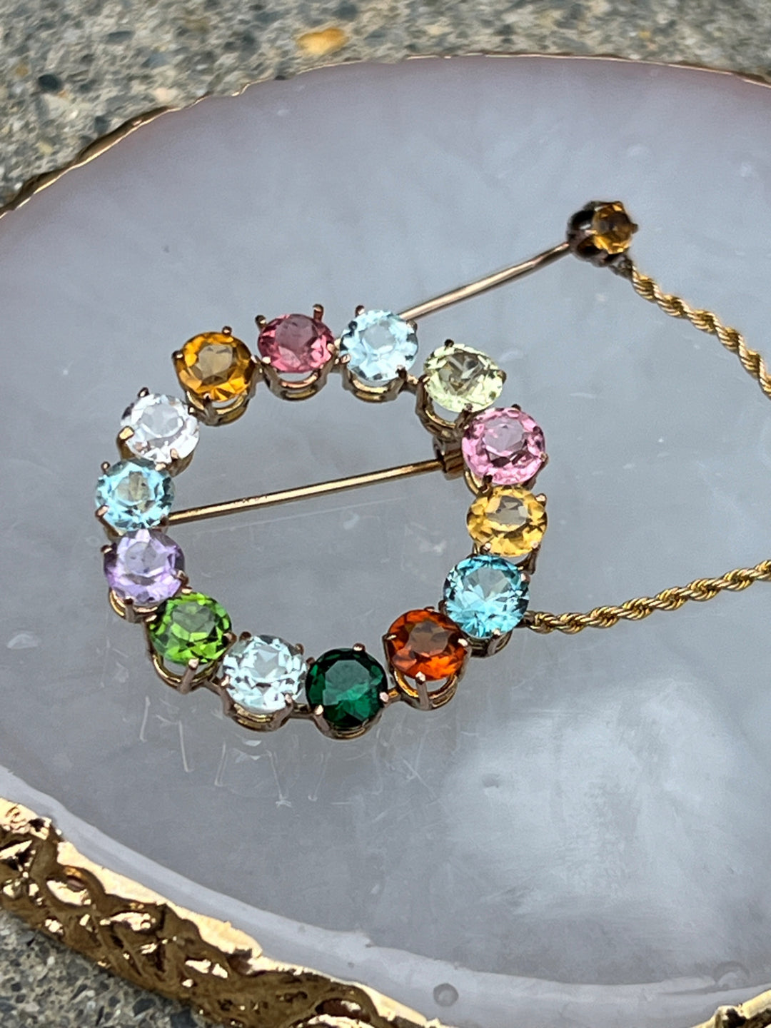 Estate 14K Rose Gold Multi Gemstone Circle Brooch