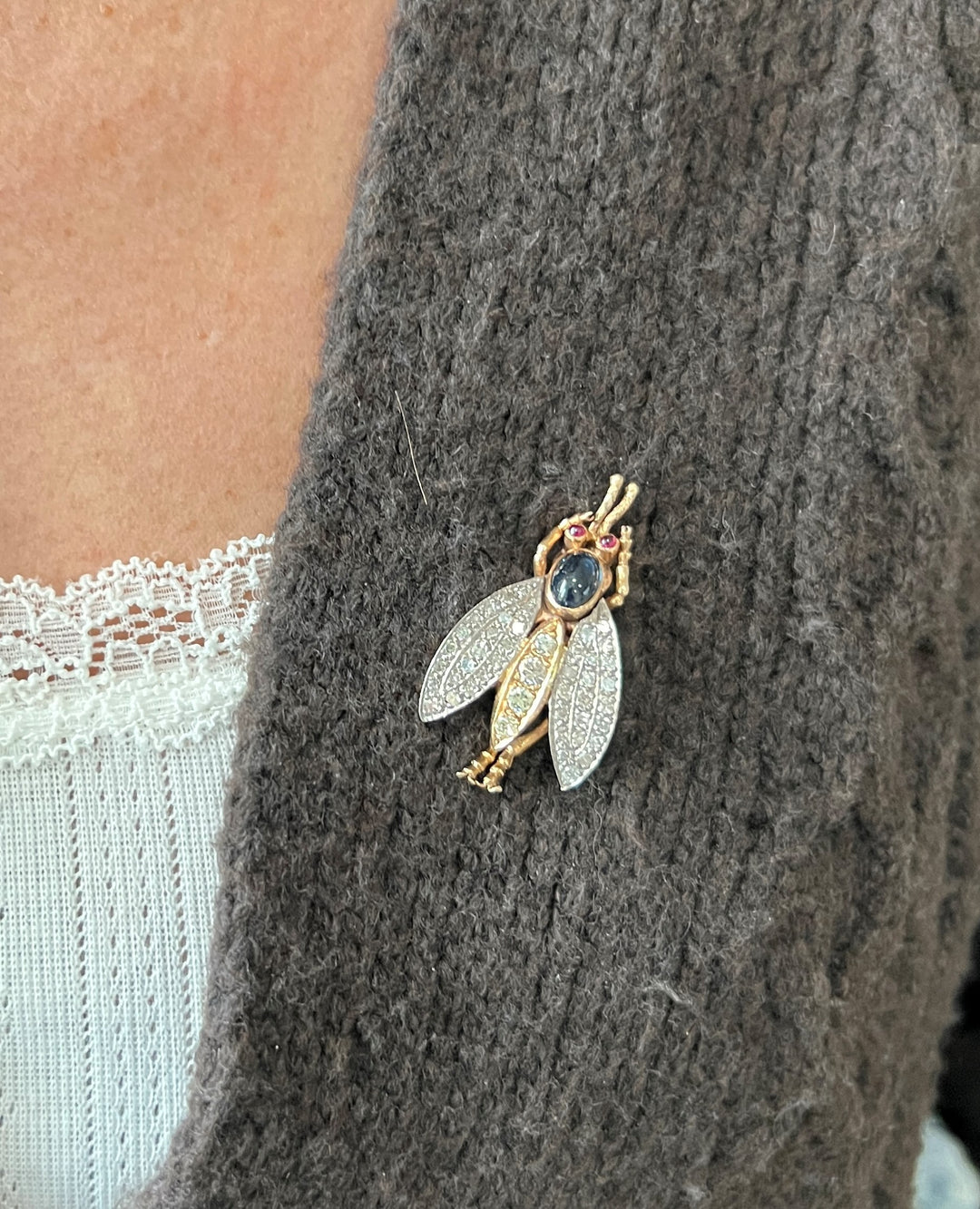 Estate 14K & Platinum Diamond, Blue Sapphire & Ruby Victorian Revival Insect Brooch