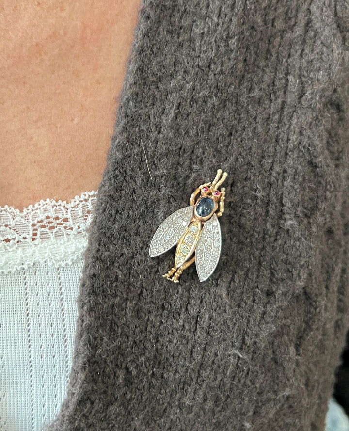 Estate 14K & Platinum Diamond, Blue Sapphire & Ruby Victorian Revival Insect Brooch
