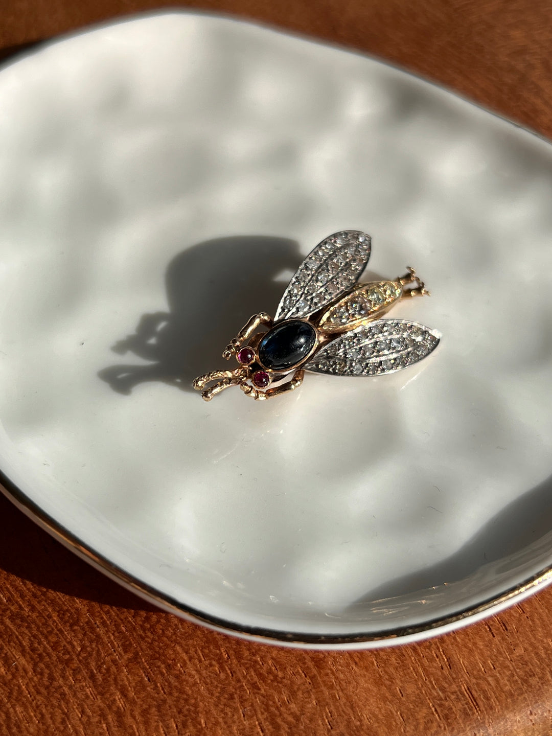 Estate 14K & Platinum Diamond, Blue Sapphire & Ruby Victorian Revival Insect Brooch