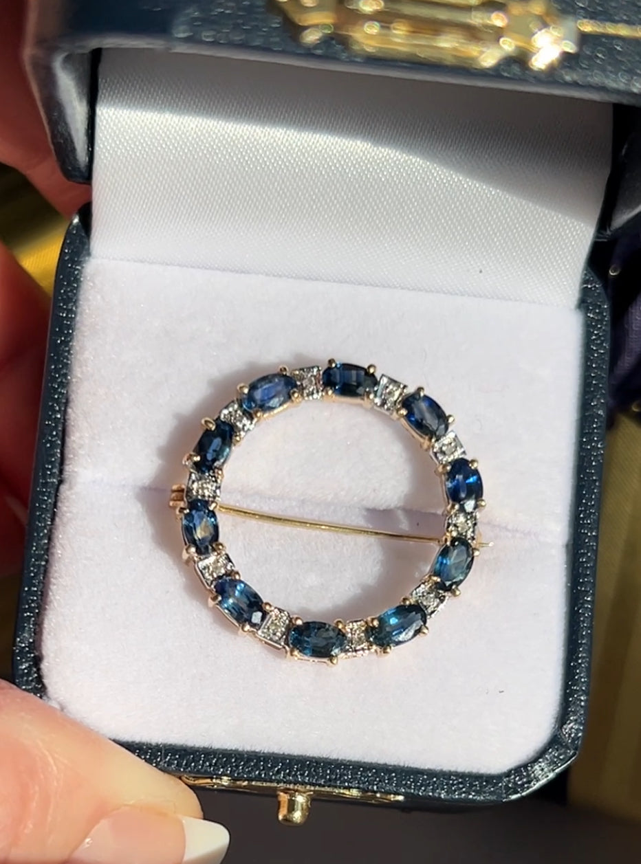Estate 14K Yellow Gold 2.64CTW Blue Sapphire & Diamond Vintage Circle Brooch