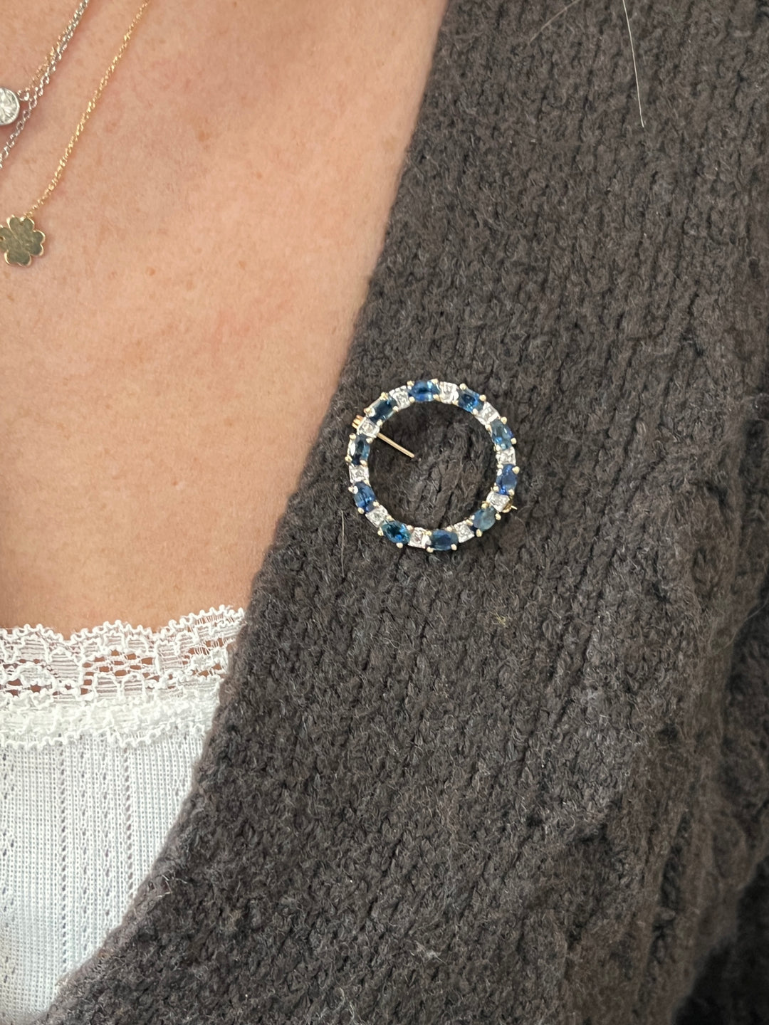 Estate 14K Yellow Gold 2.64CTW Blue Sapphire & Diamond Vintage Circle Brooch
