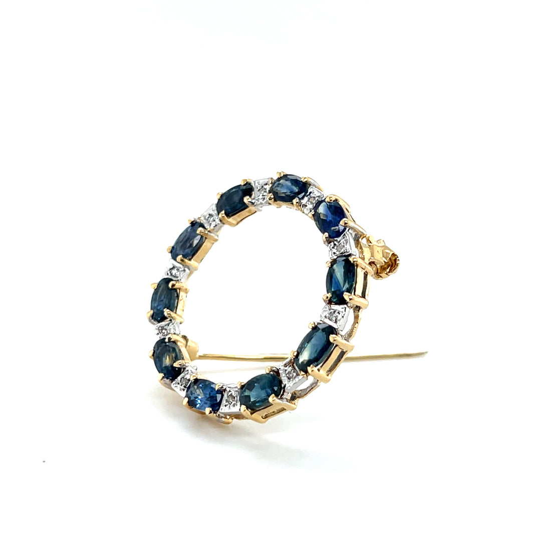 Estate 14K Yellow Gold 2.64CTW Blue Sapphire & Diamond Vintage Circle Brooch