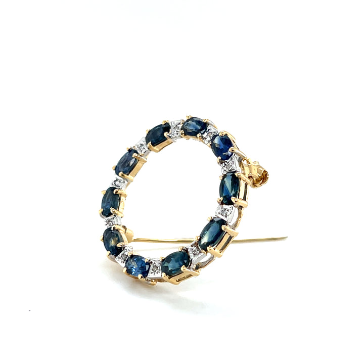 Estate 14K Yellow Gold 2.64CTW Blue Sapphire & Diamond Vintage Circle Brooch
