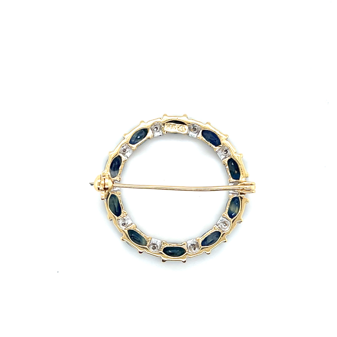 Estate 14K Yellow Gold 2.64CTW Blue Sapphire & Diamond Vintage Circle Brooch