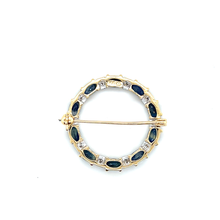 Estate 14K Yellow Gold 2.64CTW Blue Sapphire & Diamond Vintage Circle Brooch