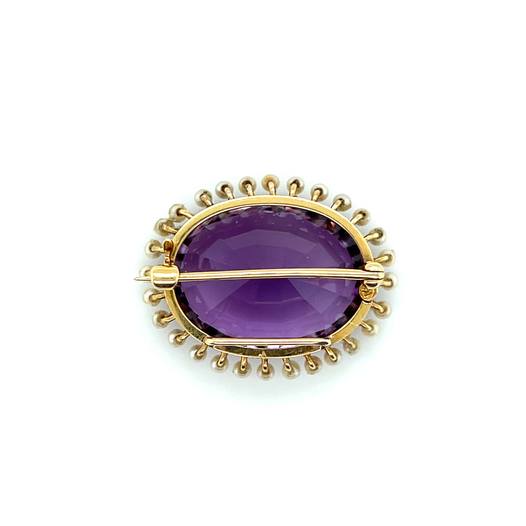 Estate 14K Yellow Gold Oval Amethyst and Pearl Victorian Brooch