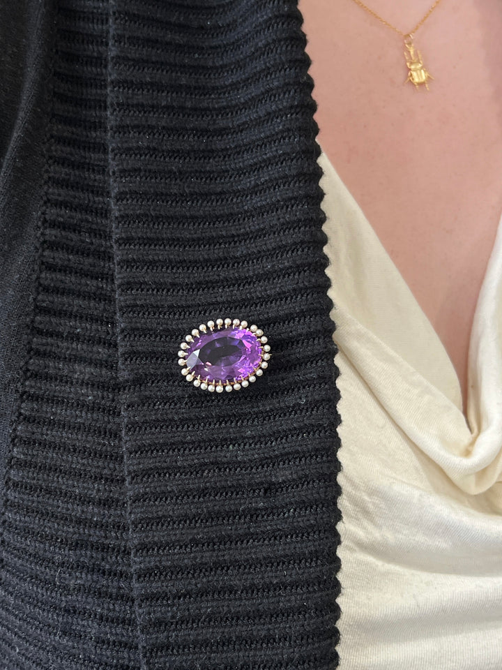 Estate 14K Yellow Gold Oval Amethyst and Pearl Victorian Brooch