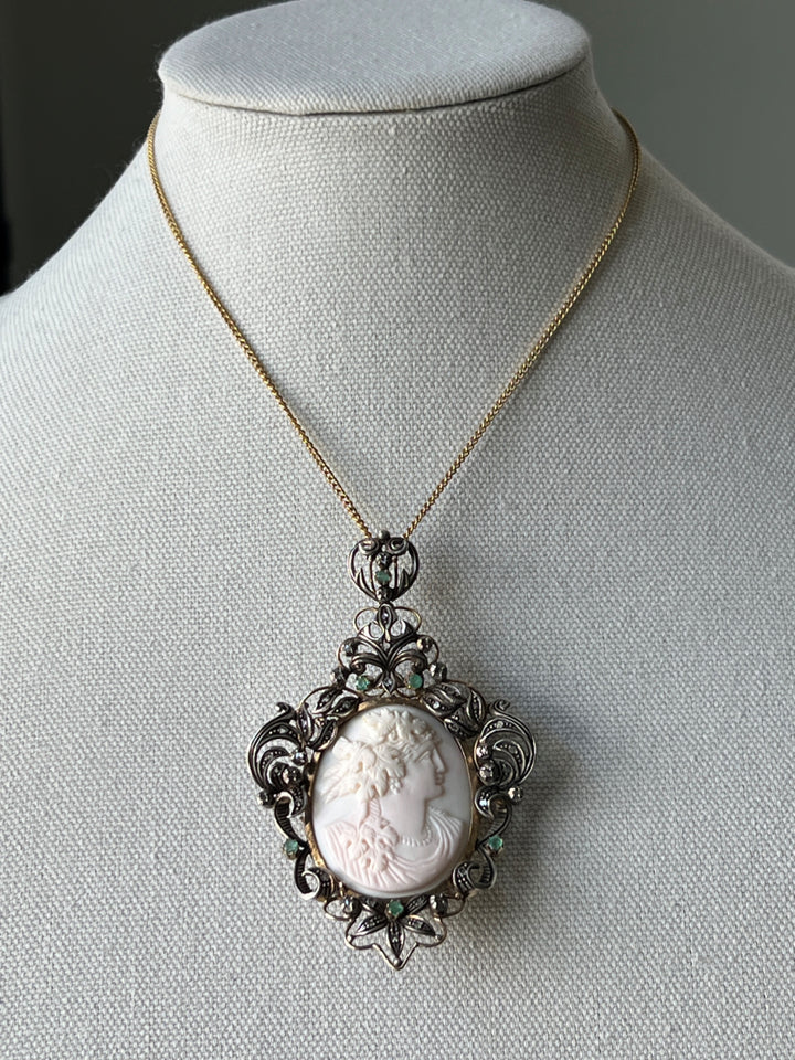 Estate 19K Yellow Gold Emerald & Silver Coral Cameo Victorian Pendant/Brooch