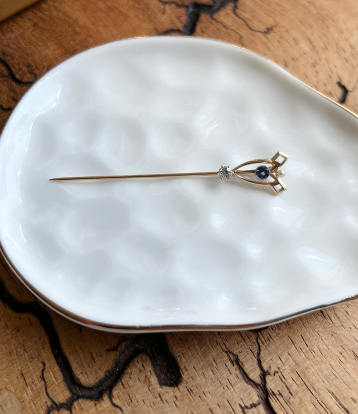 Estate 14K Yellow Gold 0.43CTW Blue Sapphire & Pearl Antique Stick Pin