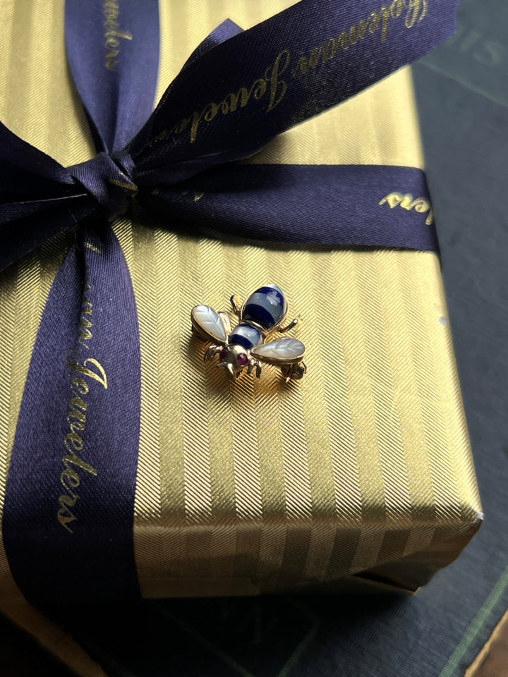 Estate 14K Yellow Gold Mother-of-Pearl, Lapis Lazuli & Ruby Vintage Bee Brooch
