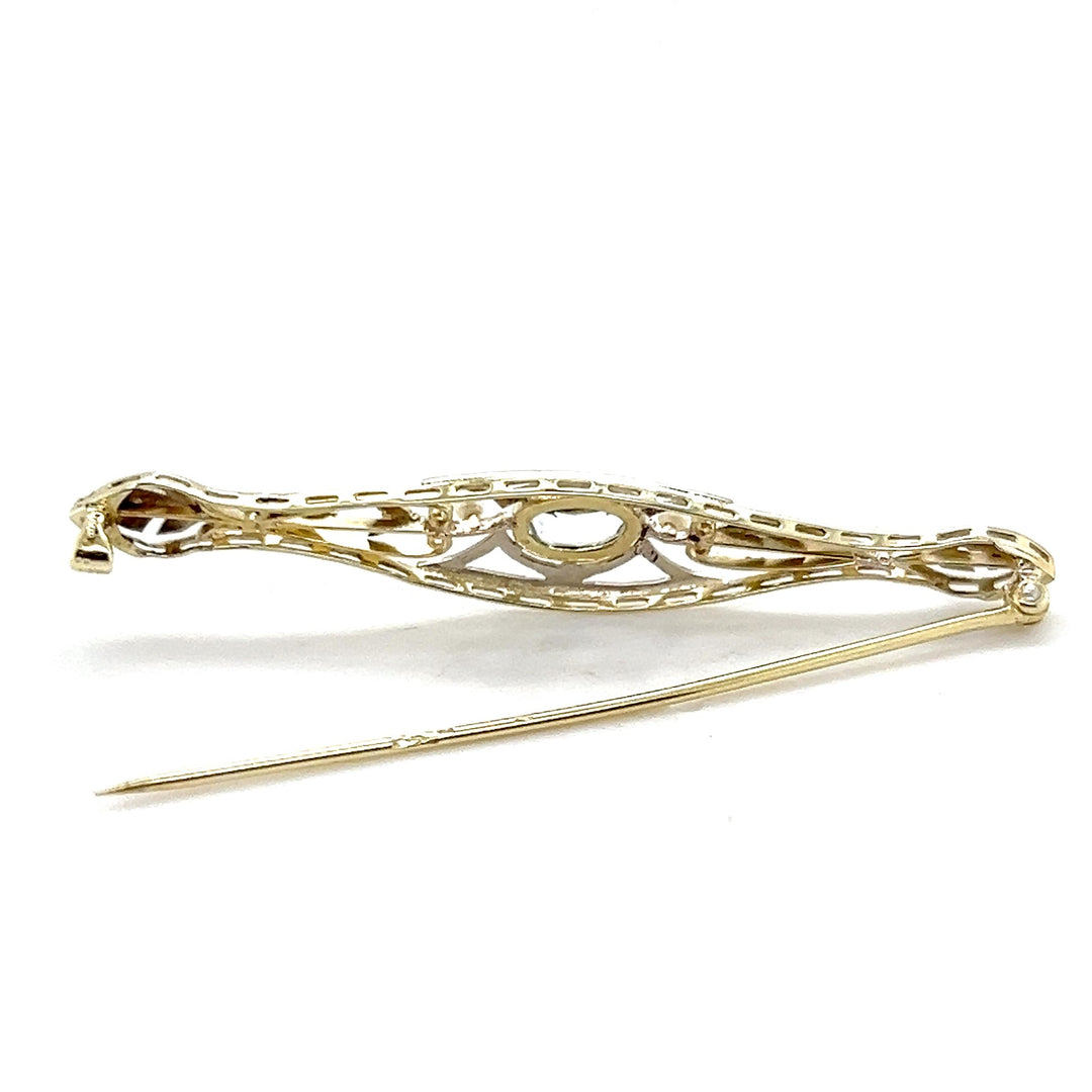 Estate 14K Two-Tone Gold Aquamarine and Seed Pearl Antique Bar Brooch