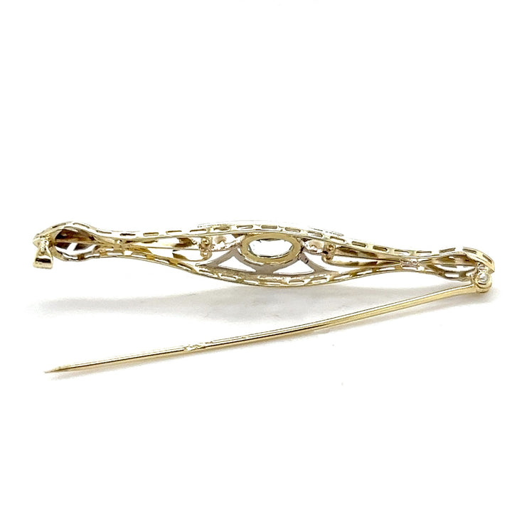 Estate 14K Two-Tone Gold Aquamarine and Seed Pearl Antique Bar Brooch