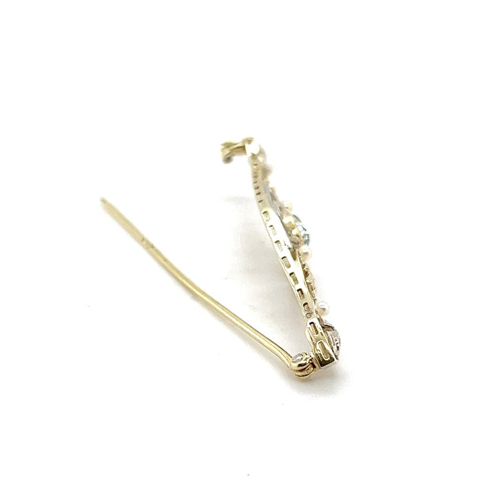 Estate 14K Two-Tone Gold Aquamarine and Seed Pearl Antique Bar Brooch