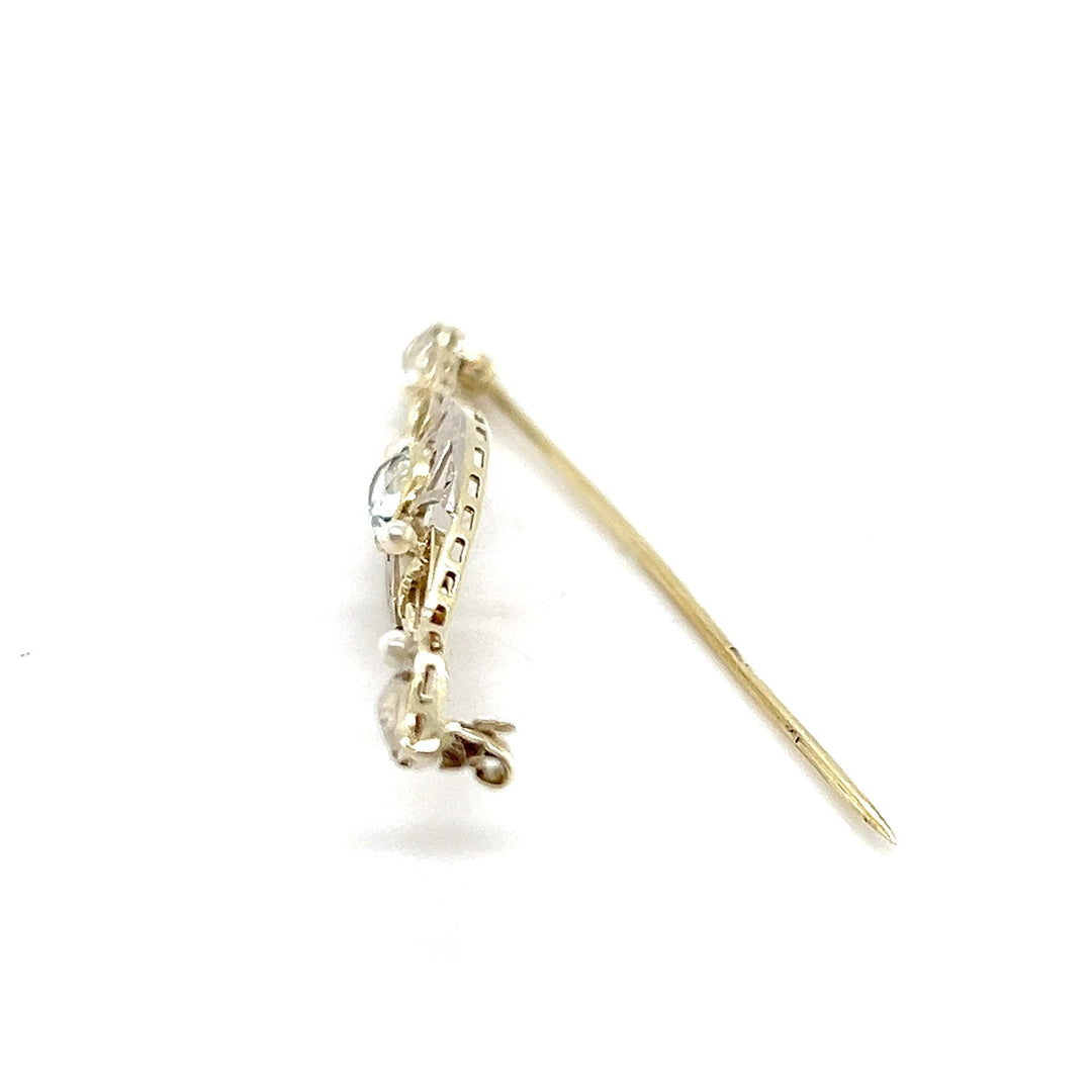 Estate 14K Two-Tone Gold Aquamarine and Seed Pearl Antique Bar Brooch