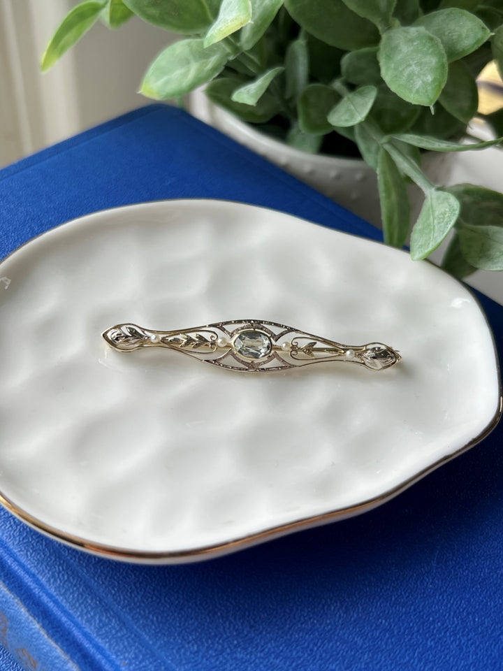 Estate 14K Two-Tone Gold Aquamarine and Seed Pearl Antique Bar Brooch