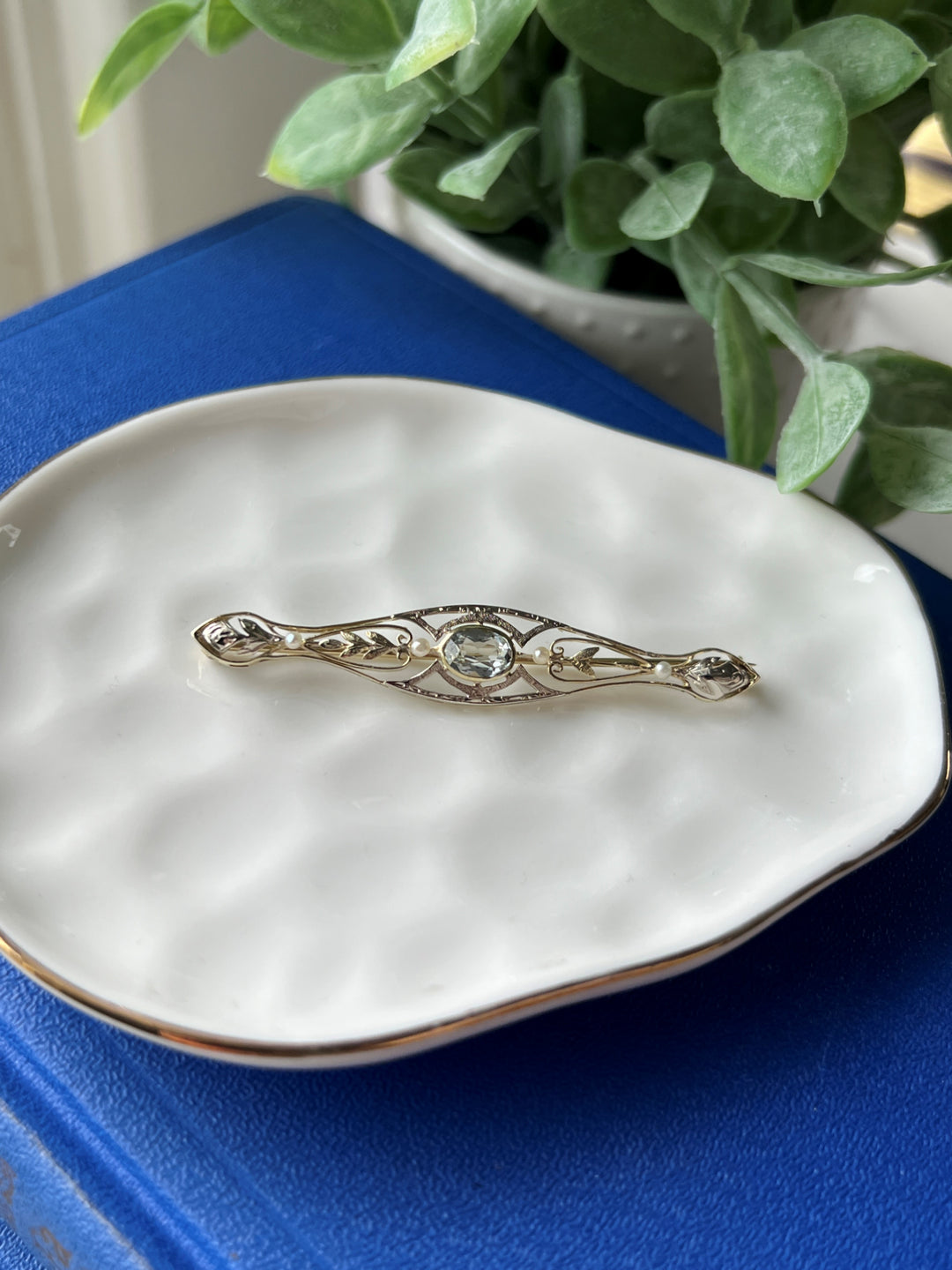 Estate 14K Two-Tone Gold Aquamarine and Seed Pearl Antique Bar Brooch
