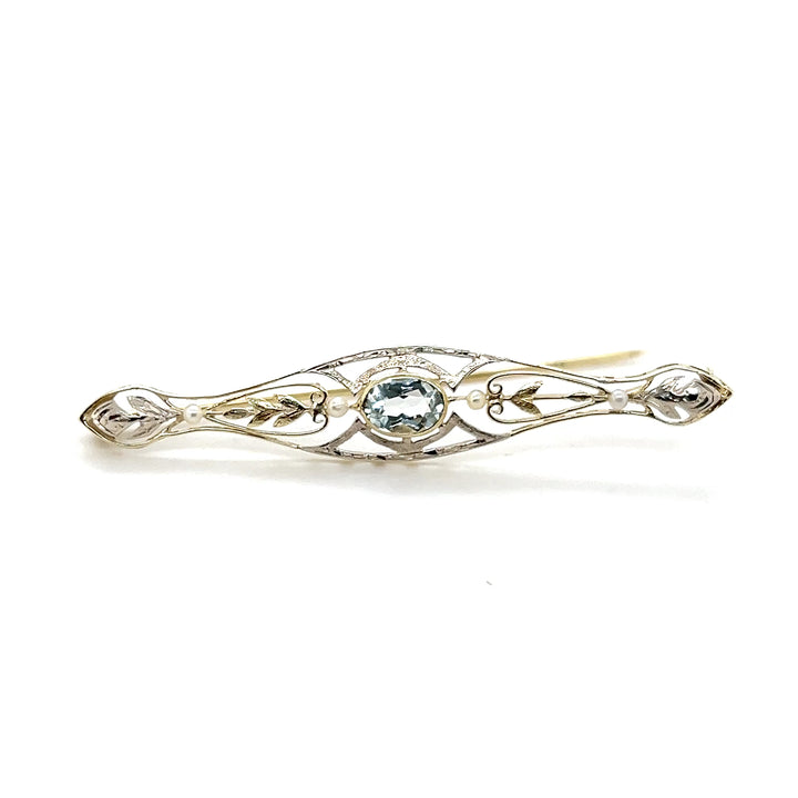 Estate 14K Two-Tone Gold Aquamarine and Seed Pearl Antique Bar Brooch