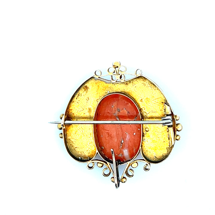 Estate 14K Yellow Gold Carved Coral Victorian Cameo Brooch