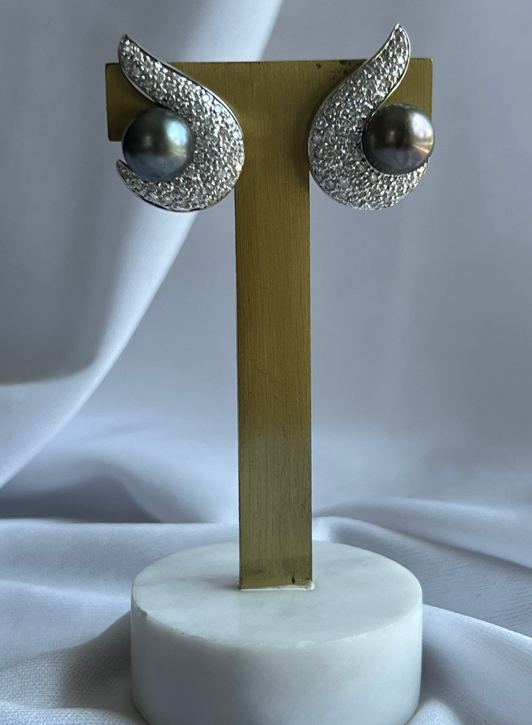 Estate 18K White Gold 9MM Black Pearl & Diamond Cluster Stud Earrings
