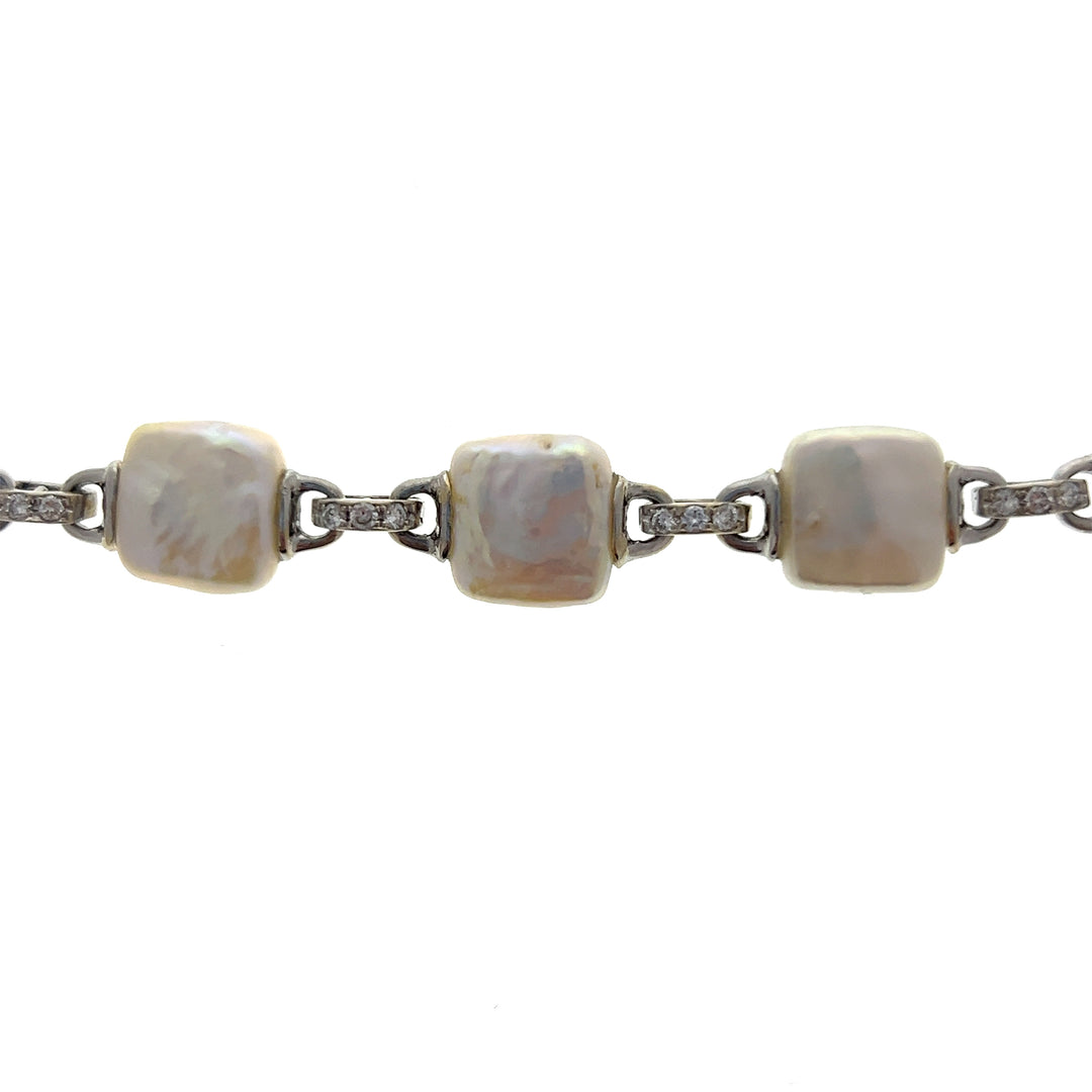 Estate 18K White Gold Square Freshwater Pearl & Diamond Necklace