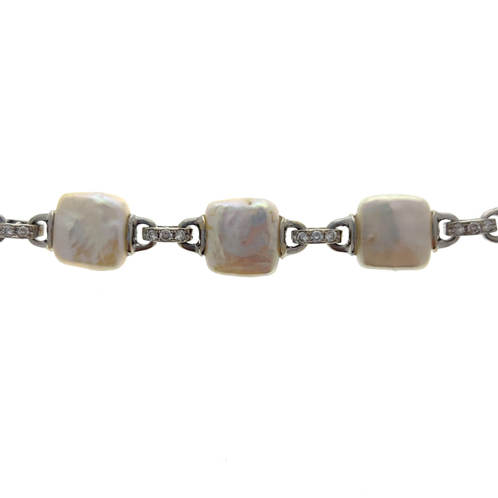 Estate 18K White Gold Square Freshwater Pearl & Diamond Necklace
