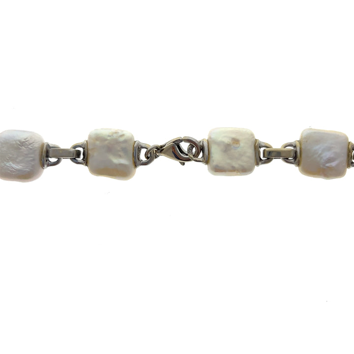 Estate 18K White Gold Square Freshwater Pearl & Diamond Necklace