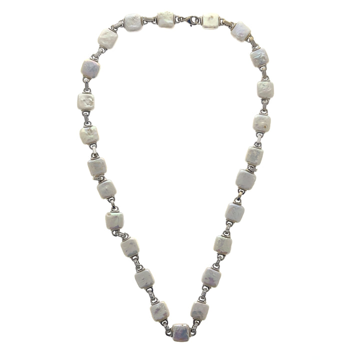Estate 18K White Gold Square Freshwater Pearl & Diamond Necklace