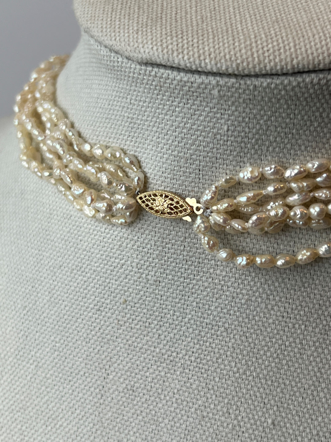 Estate 14K Yellow Gold Rice Pearl Multi-Strand Necklace