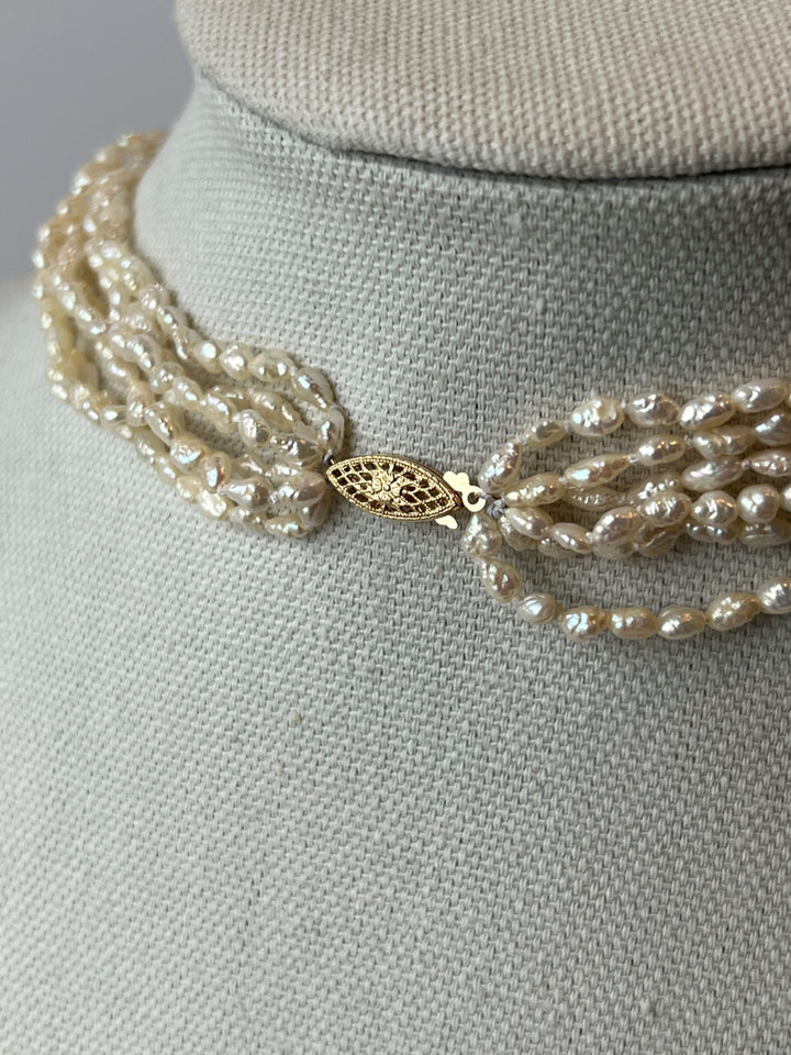 Estate 14K Yellow Gold Rice Pearl Multi-Strand Necklace