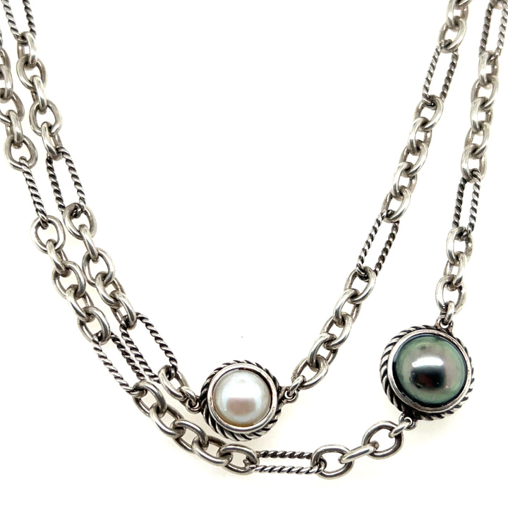 Estate Sterling Silver David Yurman Pearl Station Necklace