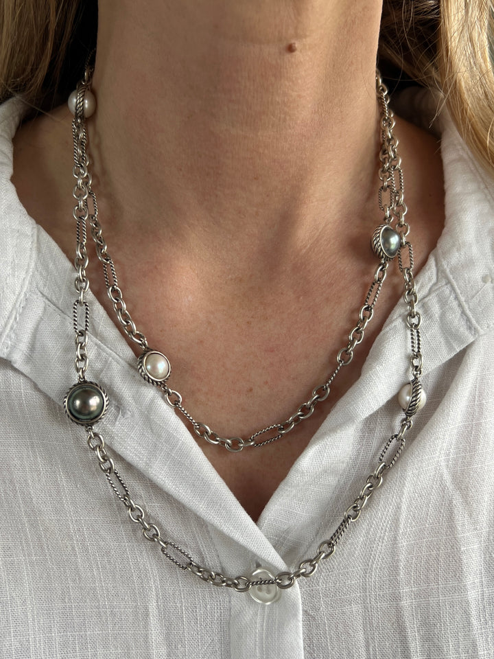 Estate Sterling Silver David Yurman Pearl Station Necklace