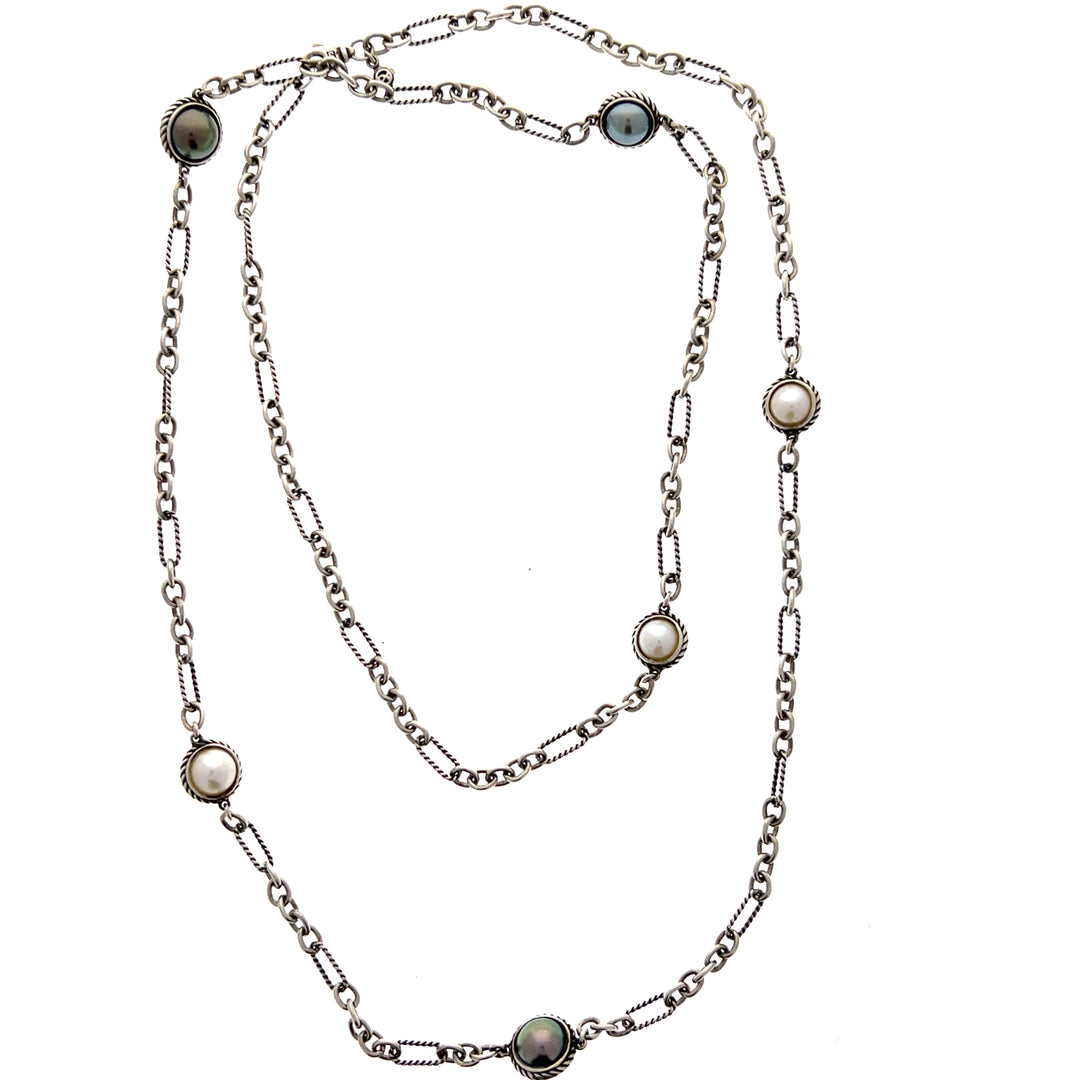 Estate Sterling Silver David Yurman Pearl Station Necklace