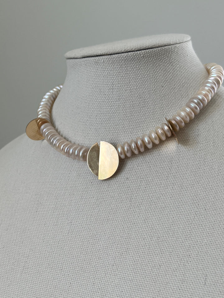 Estate Mid-Century Modern Betty Cooke 14K Yellow Gold Coin Pearl Necklace