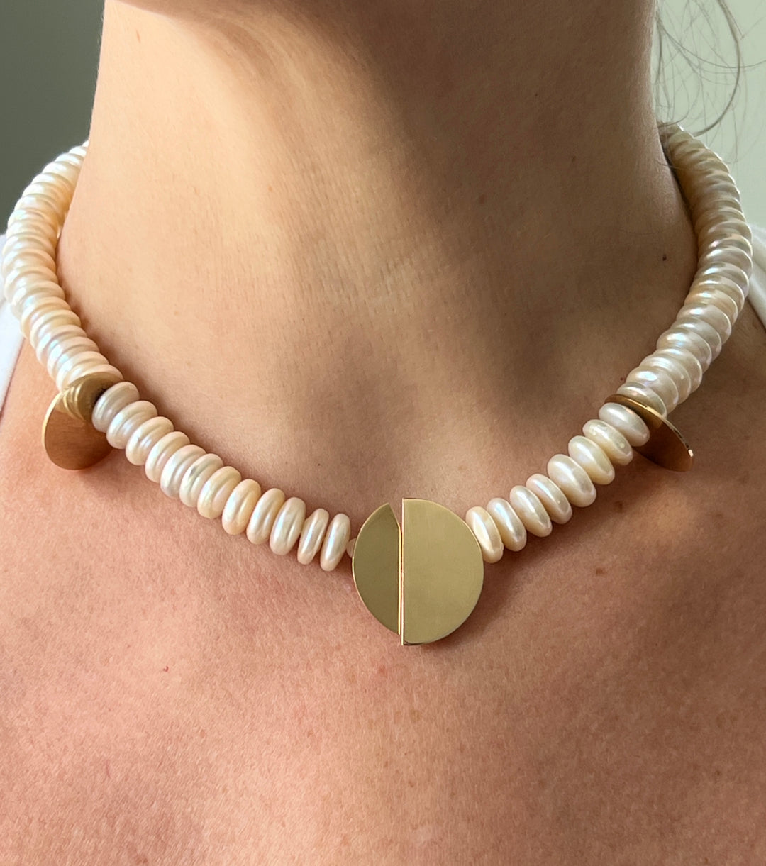 Estate Mid-Century Modern Betty Cooke 14K Yellow Gold Coin Pearl Necklace