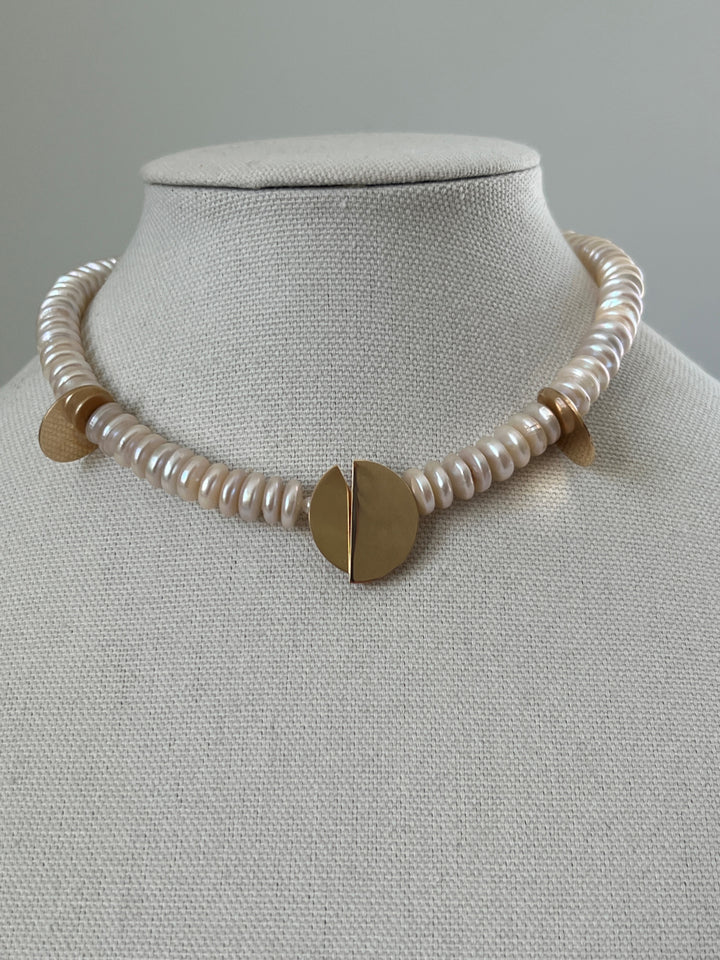 Estate Mid-Century Modern Betty Cooke 14K Yellow Gold Coin Pearl Necklace