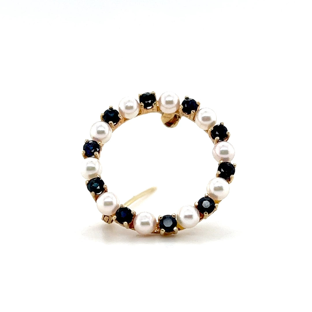 Estate 14K Yellow Gold Blue Sapphire and Pearl Vintage Circle Brooch