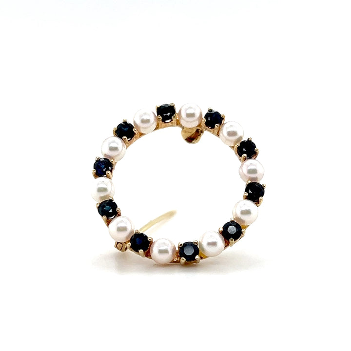 Estate 14K Yellow Gold Blue Sapphire and Pearl Vintage Circle Brooch