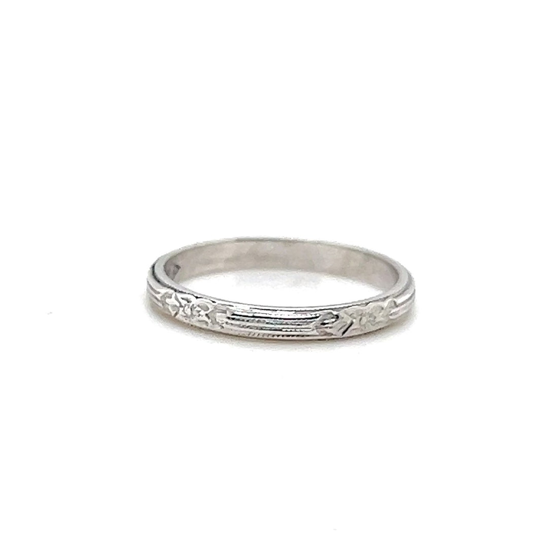 Estate 18K White Gold Engraved Orange Blossom Art Deco Wedding Band