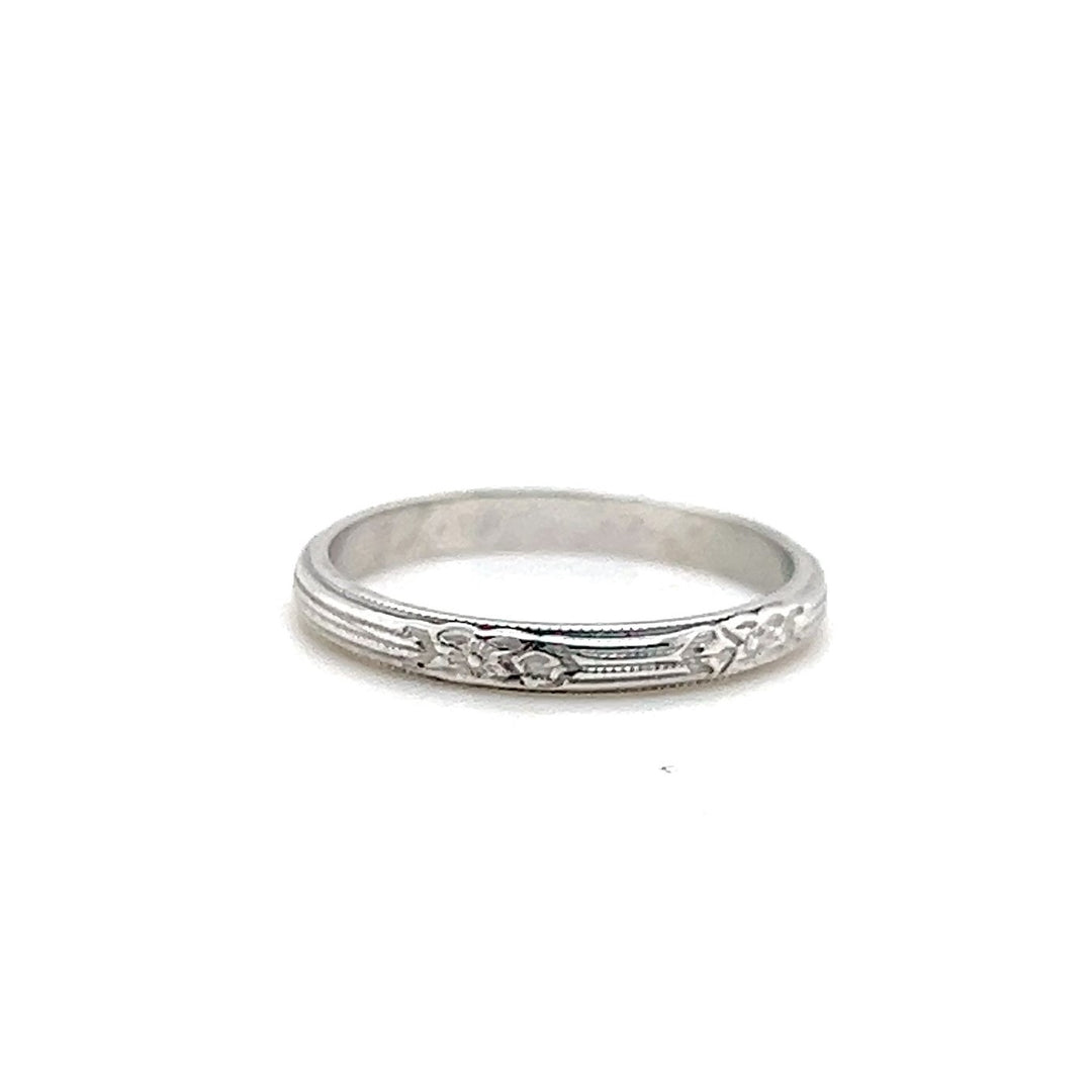 Estate 18K White Gold Engraved Orange Blossom Art Deco Wedding Band