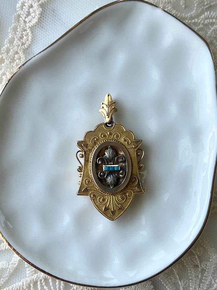 Estate 10K/14K Yellow Gold Turquoise Glass Victorian Archeological Revival Pendant with Locket Back