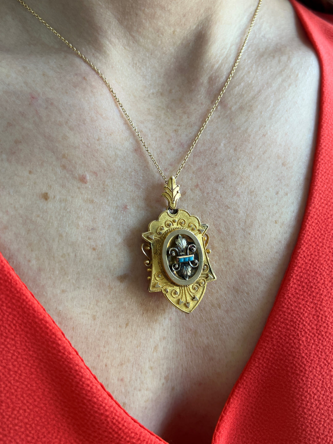Estate 10K/14K Yellow Gold Turquoise Glass Victorian Archeological Revival Pendant with Locket Back