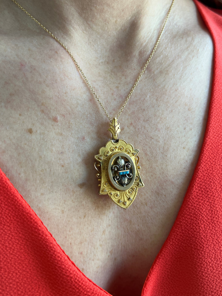 Estate 10K/14K Yellow Gold Turquoise Glass Victorian Archeological Revival Pendant with Locket Back