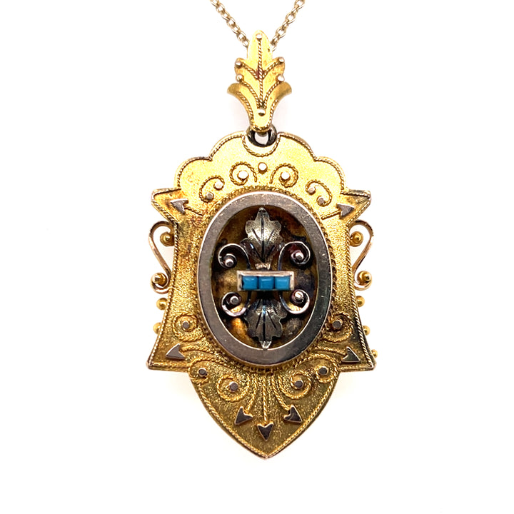 Estate 10K/14K Yellow Gold Turquoise Glass Victorian Archeological Revival Pendant with Locket Back